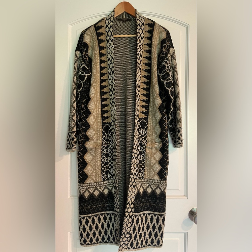 MAXSPORT Geometric Black Beige Cream Knit Boho Cardigan Sweater Women's L